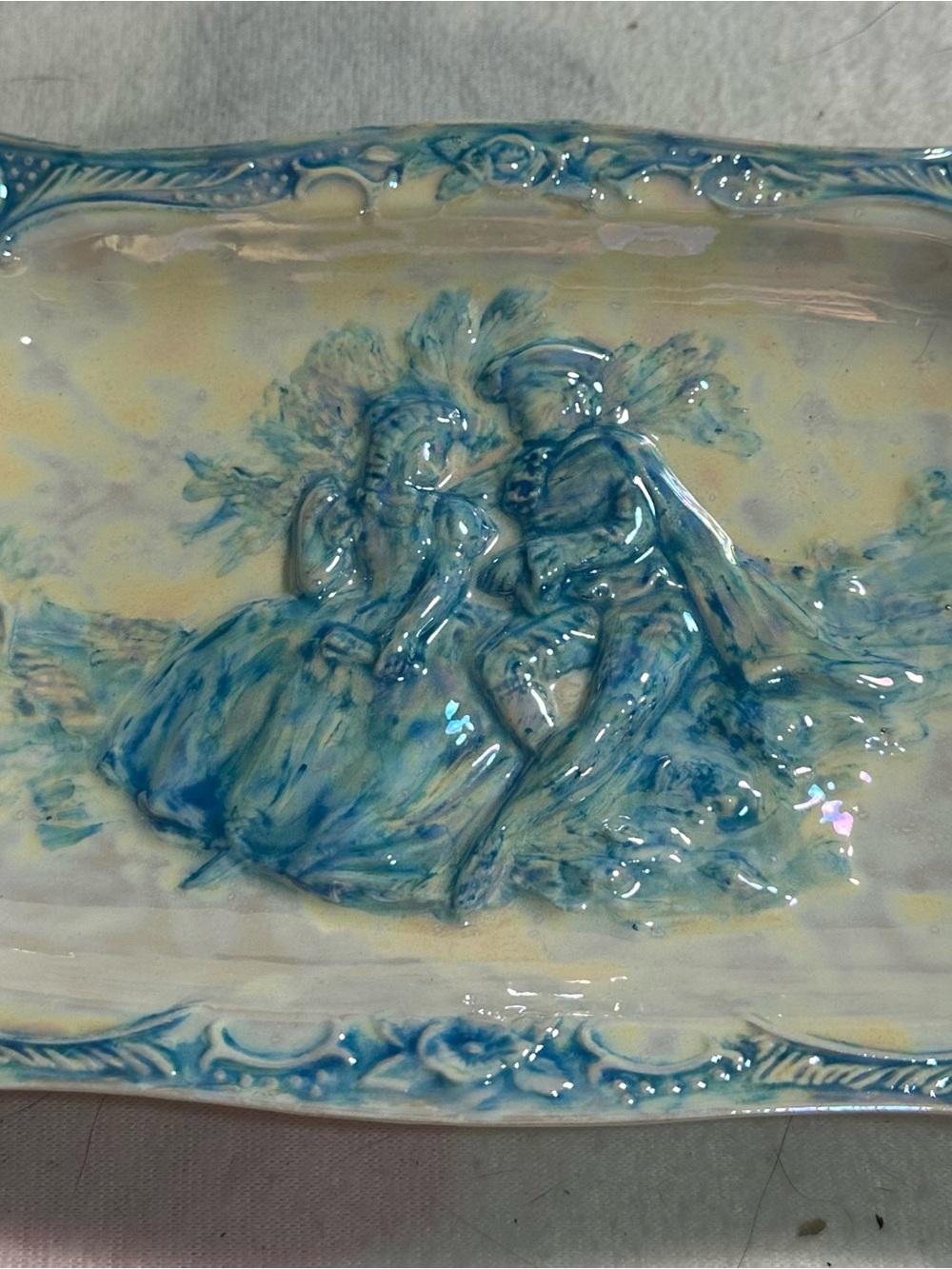 Vintage 1978 Iridescent Ceramic Courting Couple Wall Plaque / Trinket Dish